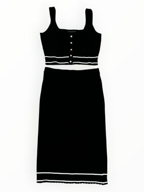 HOUSE OF HARLOW 1960 Black Knit Crop Top & Midi Skirt Set White Trim Bodycon XS